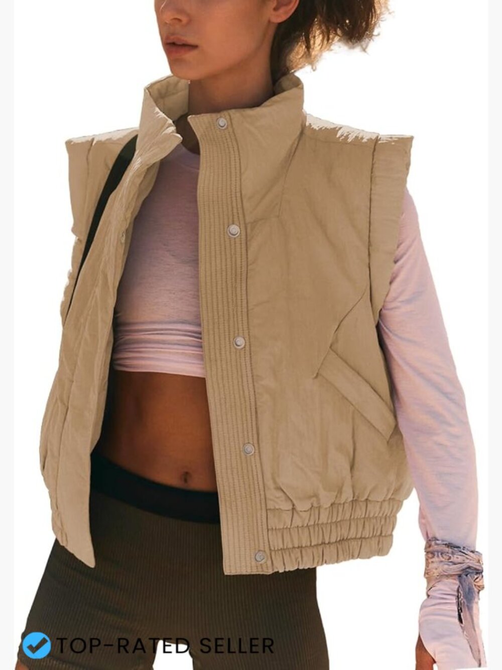 Cropped Puffer Vest Button Sleeveless Light Jacket Scrunch Stand Collar Quilted